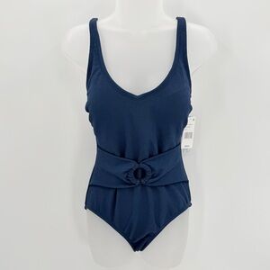 Into the Bleu Swimsuit Womens 8 Blue Belted One Piece Crepe Beach Classic NWOT